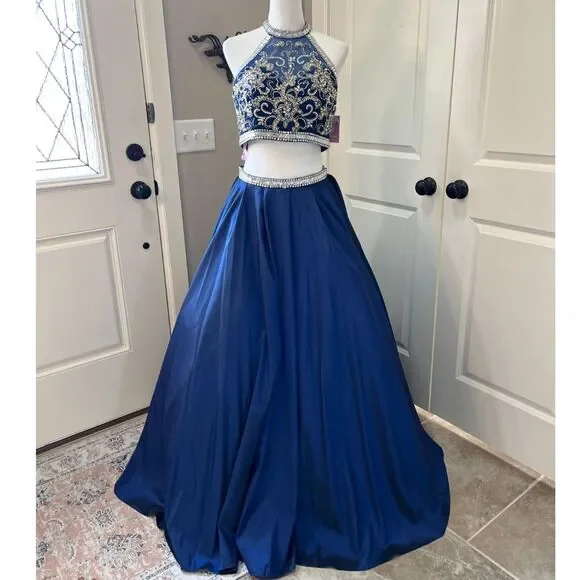Pink by Alexia Designs Two-Piece Beaded Prom Gown Navy Blue Size 12 NWT